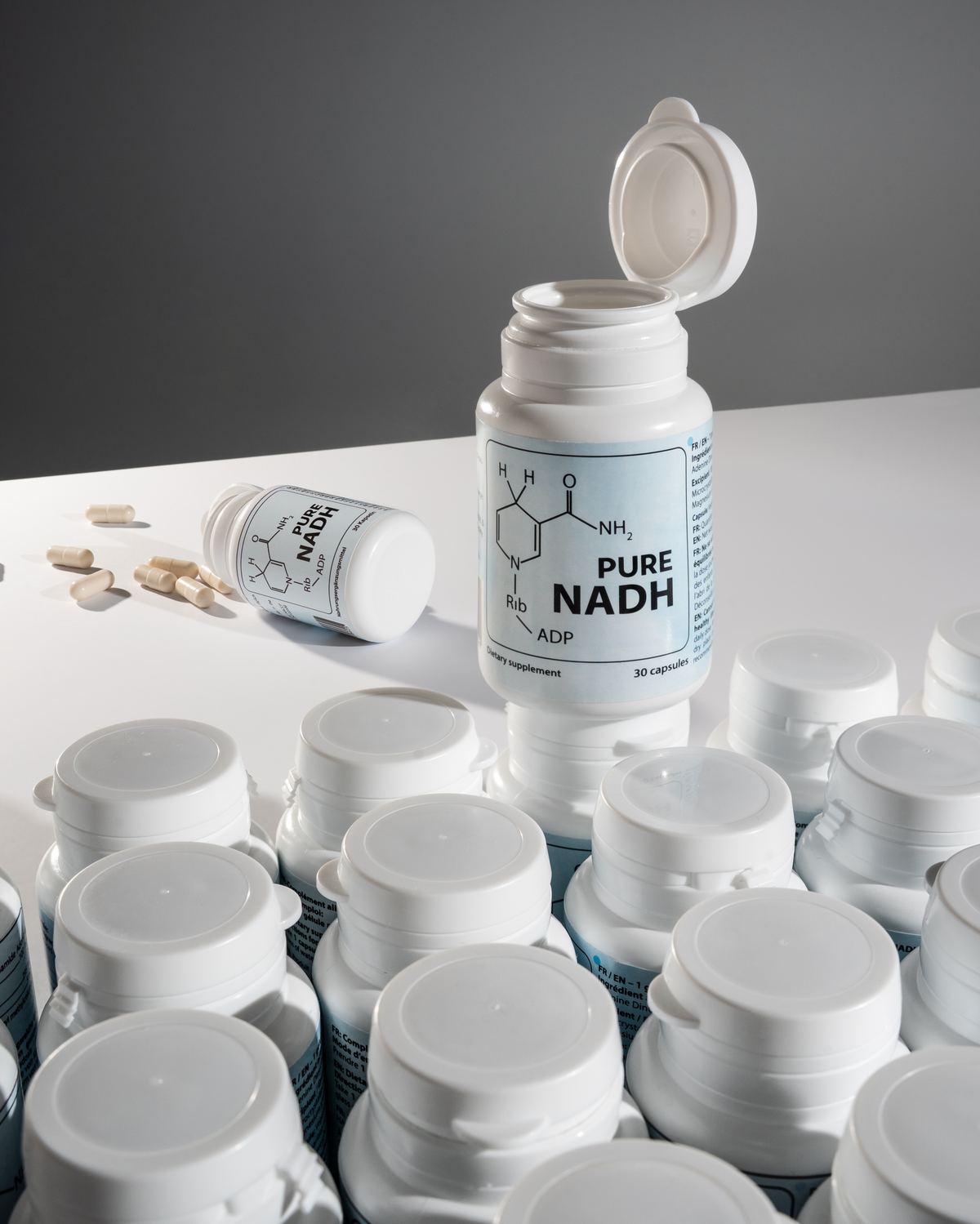 Rows of PureNADH bottles during production
